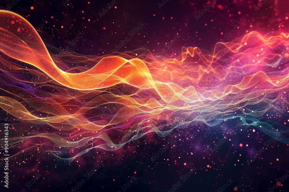 Poster A vibrant abstract background featuring colorful wavy lines creating a dynamic visual effect, Generate a dynamic visualization of data streams colliding and merging