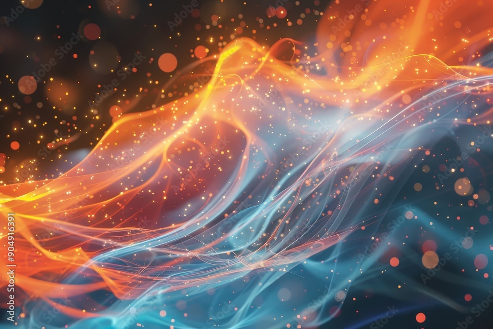 Poster a dynamic visualization of blue and orange flame in abstract form, creating a striking contrast of c