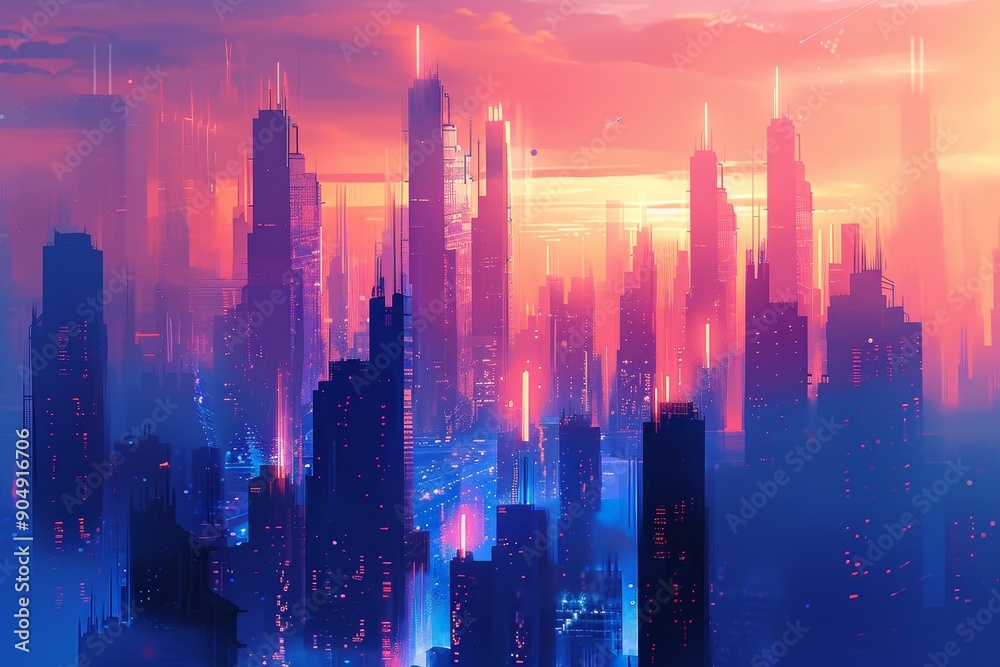 Sticker A futuristic cityscape with tall skyscrapers and neon lights glowing against the setting sun, Generate a futuristic cityscape with piercing skyscrapers