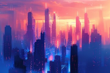 Fototapeta premium A futuristic cityscape with tall skyscrapers and neon lights glowing against the setting sun, Generate a futuristic cityscape with piercing skyscrapers