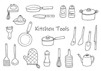 キッチンツールのイラストセット（手描き）モノクロ