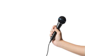 Hand holding a microphone, isolated on a transparent or white background.