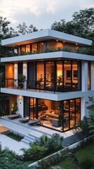 Fototapeta premium A modern two story house in Vietnam, with white walls, windows and glass doors with curtains inside, 2nd floor balcony with green plants, small terrace, white sky, gray clouds, daytime, according to