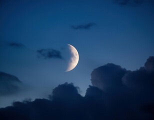 ethereal beauty of a crescent moon veiled by thin clouds