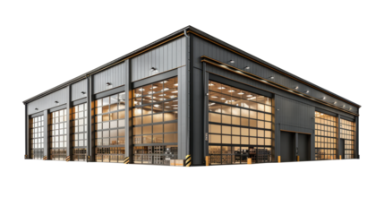 modern industrial unit with glass doors isolated on white