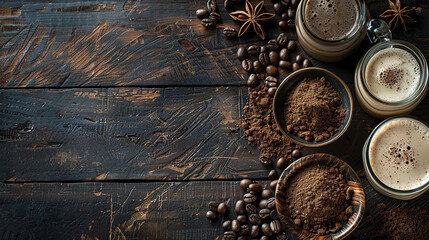 Coffee and cream liqueur, coffee beans roasted, with empty copy space, and ground coffee on the old wooden background