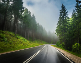 Winding mountain asphalt road through the forest with fog and mist 