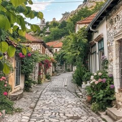 Fototapeta premium Charming old village with cobblestone streets and quaint houses calm background
