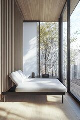 Fototapeta premium Contemporary property interiors with wall panels and minimalist furniture. Apartment interior design with warm colors and natural lighting.