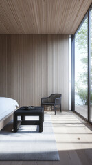 Fototapeta premium Contemporary property interiors with wall panels and minimalist furniture. Apartment interior design with warm colors and natural lighting.