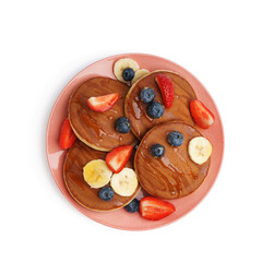 Plate with tasty pancakes with blueberries and banana on white background