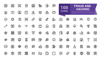 Fraud and Hacking line icon set. Contains linear outline icons as Virus, Fraud, Threat, Theft, Hacker, Criminal, Thief. Editable vector stroke for web and ui.