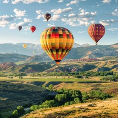 Fototapeta premium Colorful hot air balloons floating over a picturesque green valley