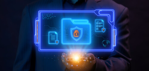 Certified guarantee approval or secure access system concept, Quality assurance of business service. Businessman showing identity proofing inside folder icon for the security protection system.