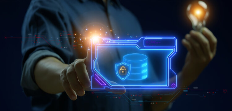 Database icon from artificial intellegence and future technology collection. Database sign and symbol for web animation. Businessman showing glowing neon line of database and keypad icon on virtual.