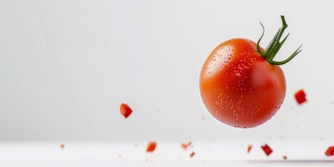  Falling Tomatoes Isolated on White Background: Dynamic Culinary Composition for Healthy Cooking. Vibrant Red Vegetables in Motion, Showcasing Fresh Ingredients and Nutritious Lifestyle. Panoramic Dep