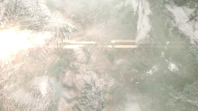 Earth zoom in from space and focus on Gillette, Wyoming, USA. Background for travel intro or blog. Satellite view. 3D style Animation. Images from NASA.