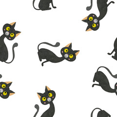 Seamless watercolor Halloween pattern with a black witch cat