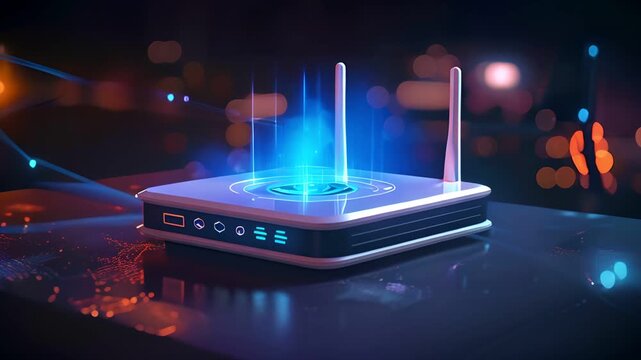 A modern wireless router with glowing blue lights, representing fast and reliable internet connection.