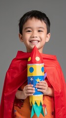 A young boy dressed in a red cape holds a cardboard rocket. AI.
