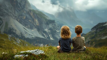 Fototapeta premium Two children sit on a grassy hill and look out at a beautiful mountain landscape. AI.