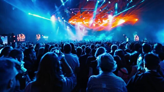 Crowd, concert and music festival, party and dance, jumping and social nightclub, edm youth culture and rave show. Top view of happy audience, fans and disco performance, band, dj event and dancing