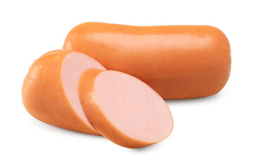 sliced boiled sausages isolated on white background. clipping path