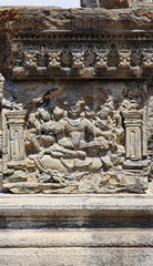 Beautifully carved sculpture of a Hindu deity on the Avantiswami Temple, Avantipur, Pulwama, Jammu and Kashmir, India.