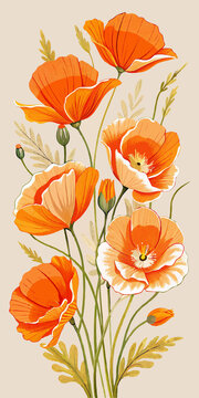 Delicate large orange Iceland poppies daintily arranged with soft leaves on a beige background