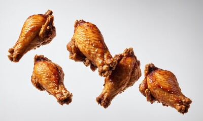 Close up of crispy chicken drumsticks in mid-air