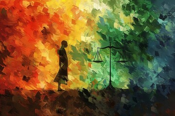 A painting of a woman standing confidently in front of a scale of justice, symbolizing equality and fairness, Generate a symbolic artwork reflecting the values of justice and equality on Republic Day