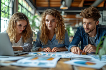 Young people are sitting around a table with a laptop and papers, working together on a project, presentation or a report