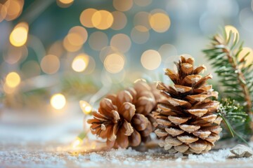 Two pine cones sit on a snowy surface with lights in the background. AI.
