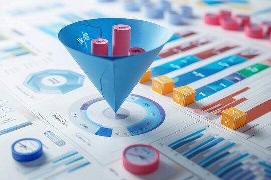 Blue paper cone placed atop various graphs and charts, Generate a visual representation of the sales funnel and conversion rates for a business plan