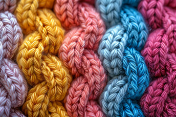 Close-up of a knitted fabric. Intricate rainbow pattern. Knitted braids made of natural yarn.