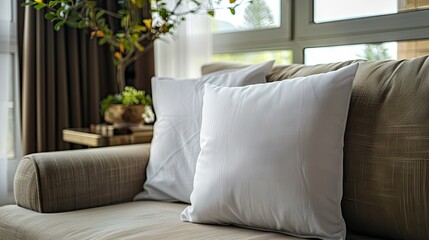 Fototapeta premium Blank white polyester pillow with no pillow sitting on a couch