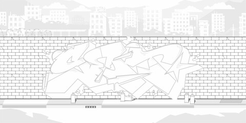 Trendy Brick Wall With Street Art Graffiti Drawing Coloring Page With Background Of The Cityscape © Anton Kustsinski