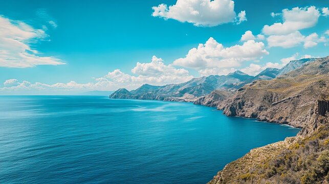 A high-angle view of the sea and mountains against a blue sky.