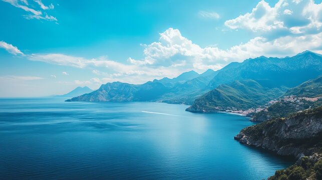 A high-angle view of the sea and mountains against a blue sky.