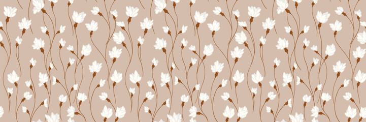 Beige pattern with creative florals stems. Abstract artistic branches with tiny flowers small buds intertwined in a seamless background. Vector hand drawing. Simple ornament for designs, print