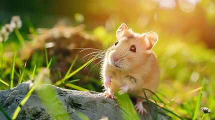 Curious Hamster Exploring Natural Habitat on Small Rock in Bright Daylight with Green Grass Background