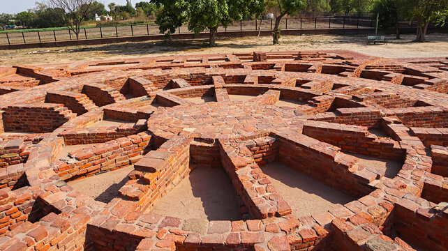 Ruins of the ancient Sanghol Buddhist stupa, built during the 4th-5th century of the Gupta period, Sanghol, Fatehgarh Sahib, Punjab, India.