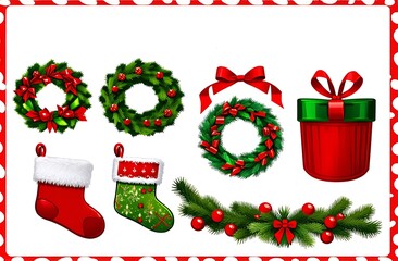 christmas sock with gifts. Postcard Christmas stocking and Christmas wreaths