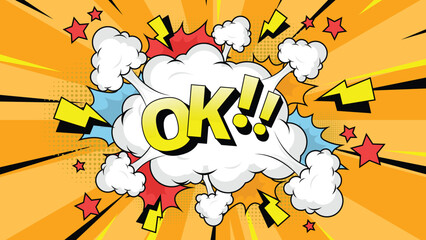 Comic speech bubble with text Ok!, vintage pop art halftone colorful background