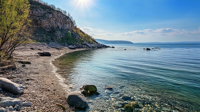 A seashore on a sunny spring day in Artem, Primorye, Russia.