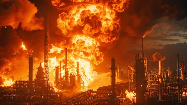 A large fire engulfs an industrial complex, billowing smoke and flames into the night sky.