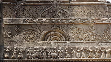 Beautiful ancient carvings and Krishna Leela on the fort walls, Nurpur, Himachal Pradesh, India.