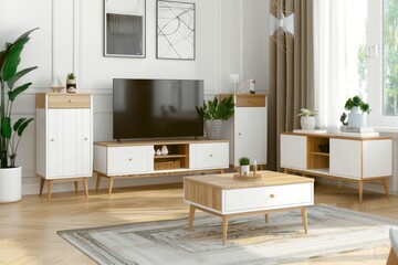 Scandinavian design white   oak living room furniture set with tv unit, coffee table   sideboard