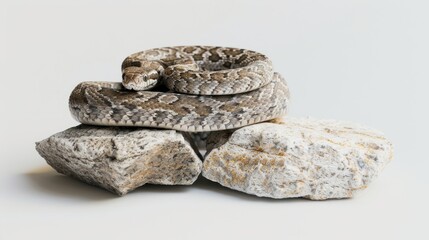 A coiled snake resting on natural stones, showcasing intricate patterns and textures, ideal for nature and wildlife photography.