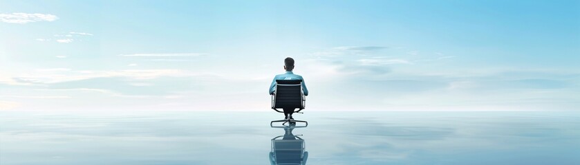 Fototapeta premium Magazine style cover image showing a serene landscape with a businessman contemplating investments during a recession, representing the challenges and strategies involved